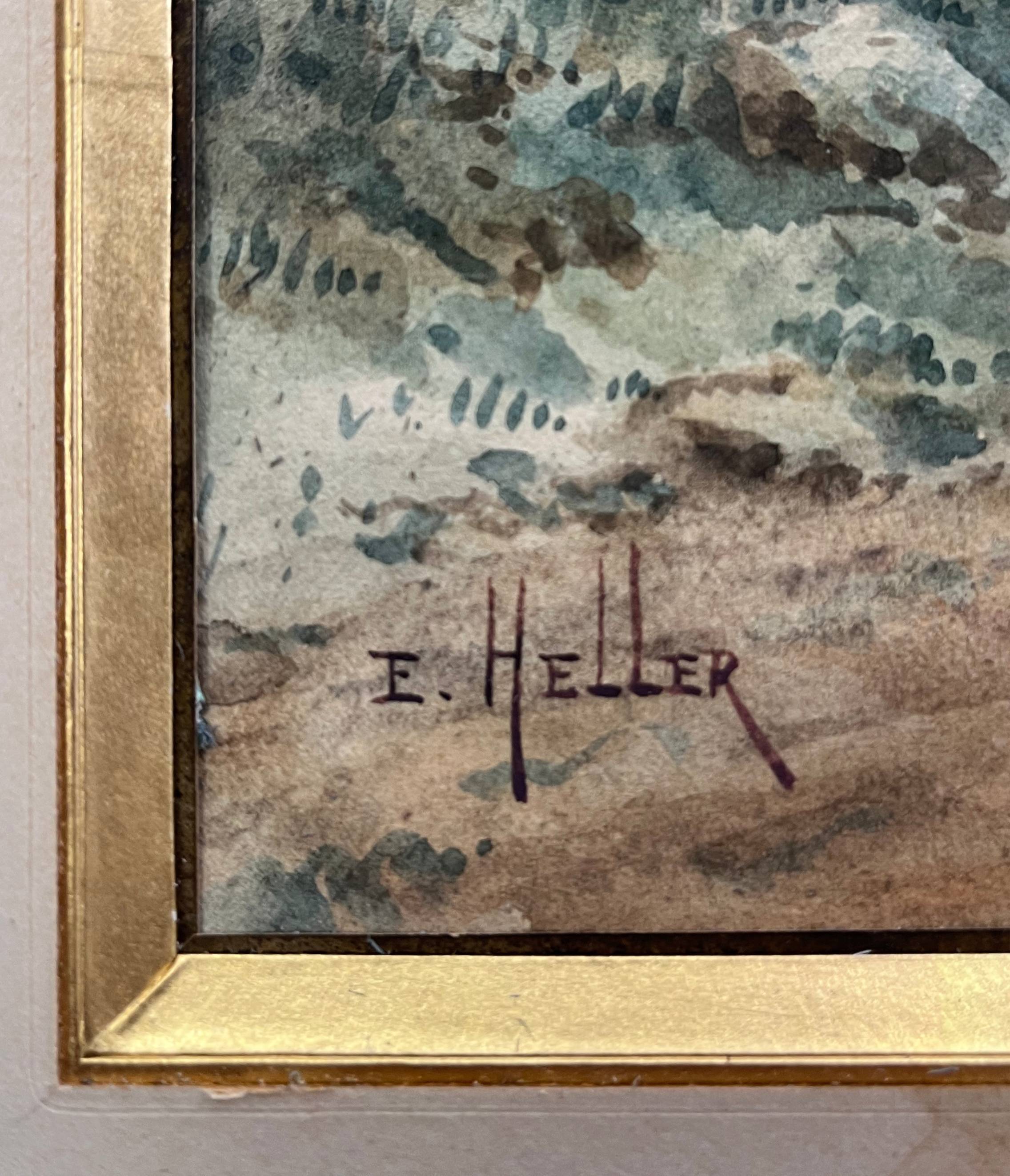 Watercolor painting by Eduard Heller (born in 1852) "Wooded Landscape in a Village"