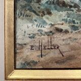 Watercolor painting by Eduard Heller (born in 1852) "Wooded Landscape in a Village"