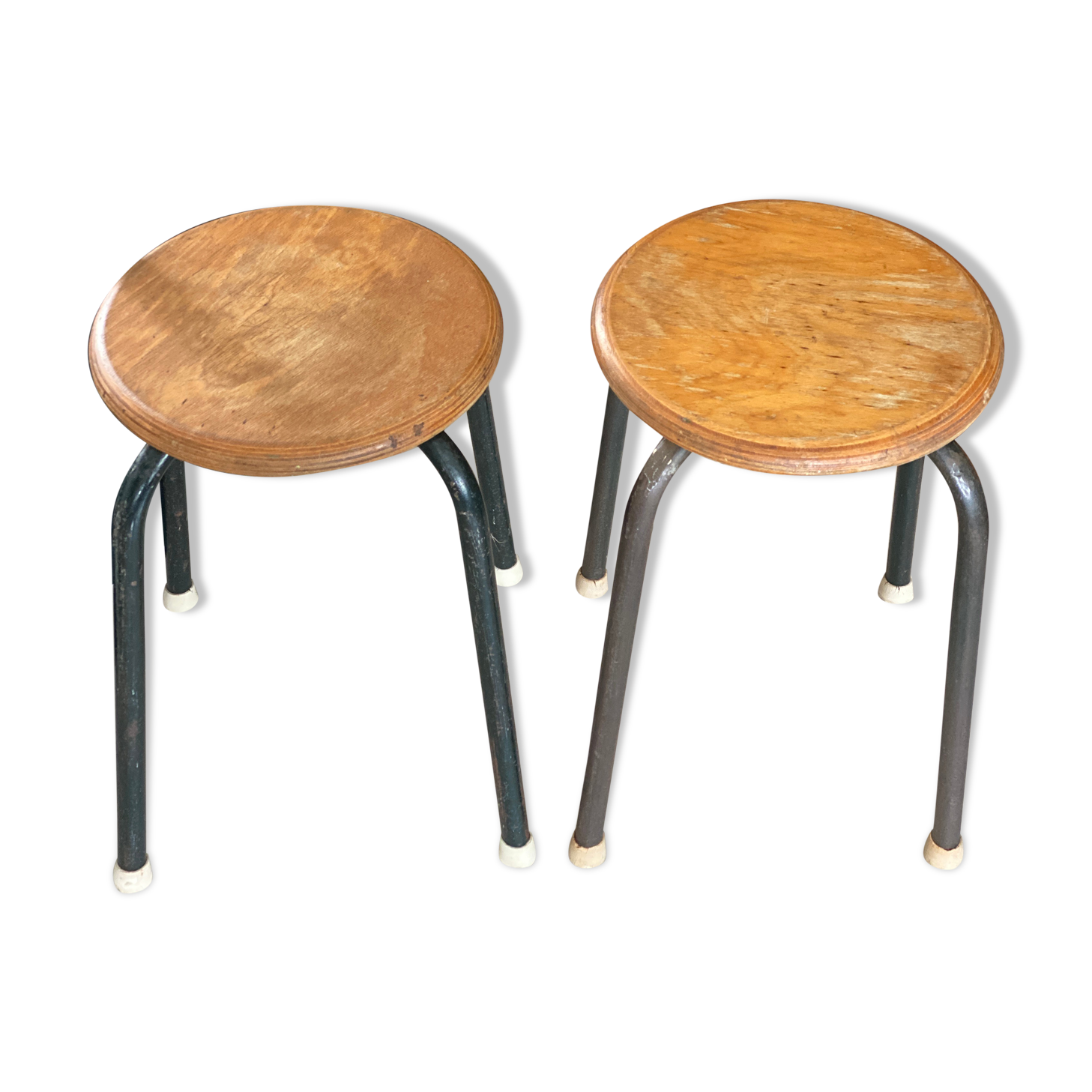 Pair of metal and wood workshop stools