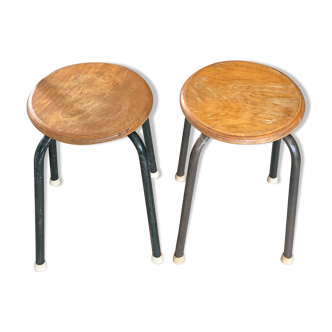 Pair of metal and wood workshop stools