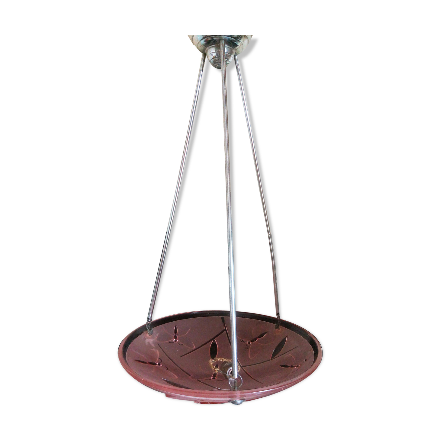 Art Deco pendant lamp in molded and pressed glass signed Degué, dragonfly motifs