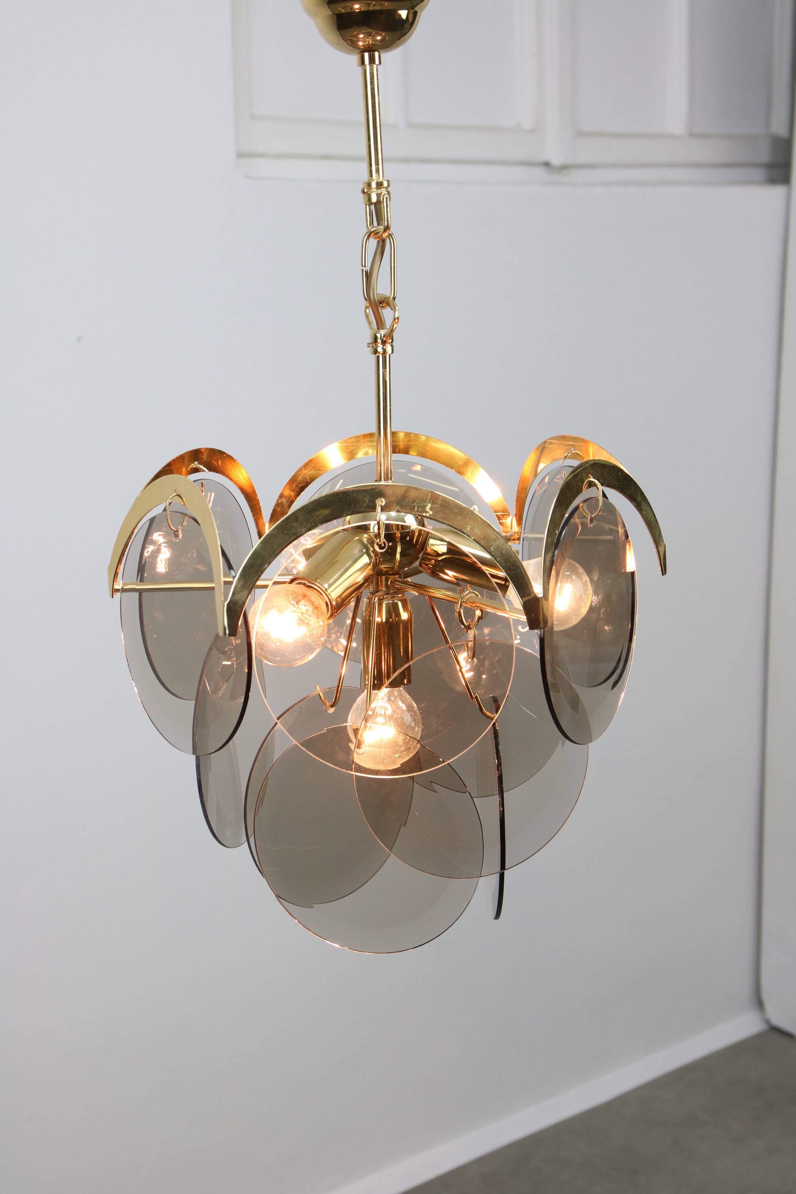 Vintage Vistosi Chandelier: Gold & Smoked Glass, Italian Mid-Century Lighti