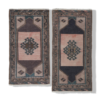 Hand Knotted Turkish Small Rug Mat Distressed Rug - Set of Two