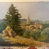 Oil on canvas rural landscape, village steeple and its countryside.