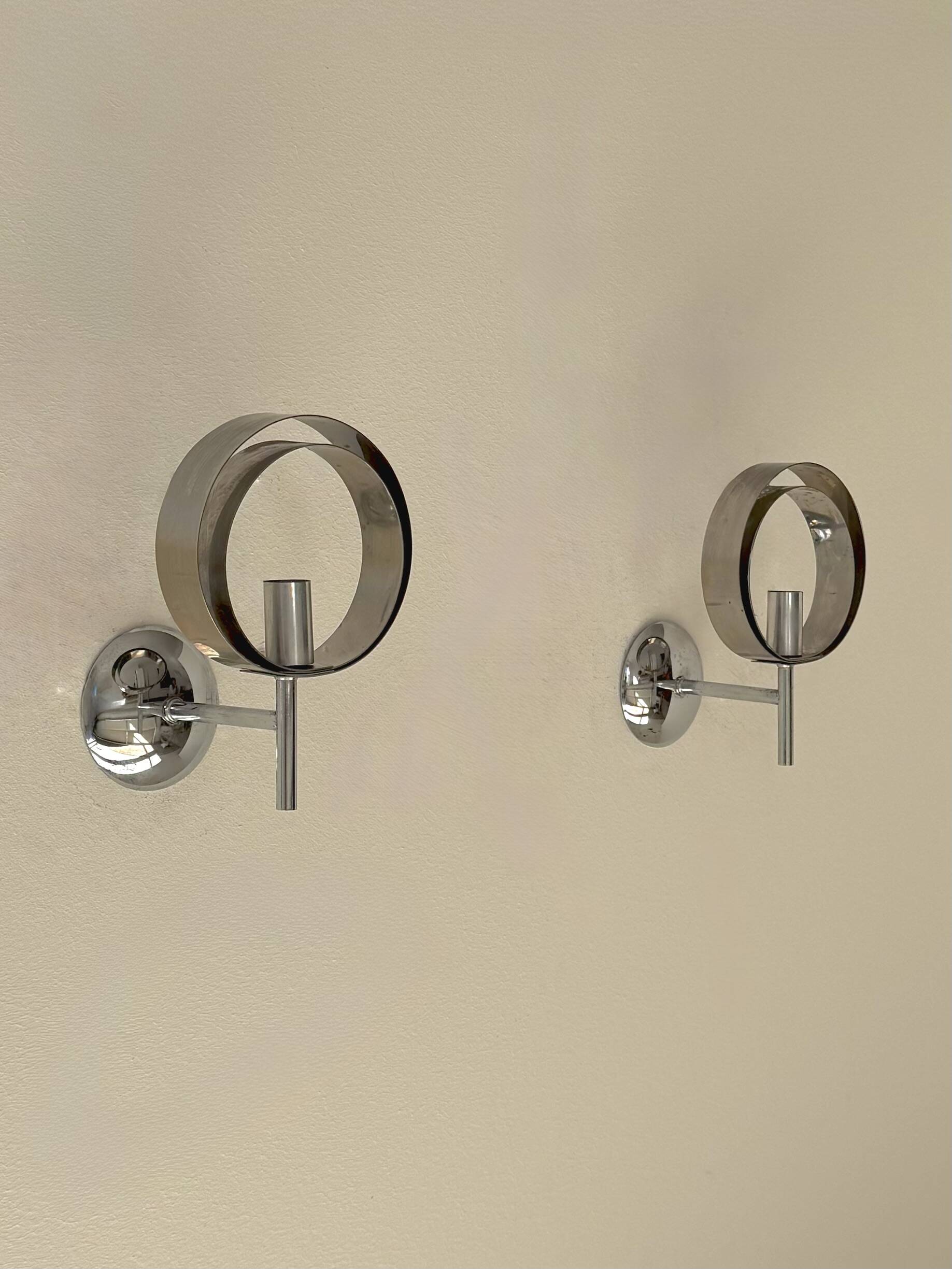 Pair of vintage chrome metal wall lights, France, 1970.