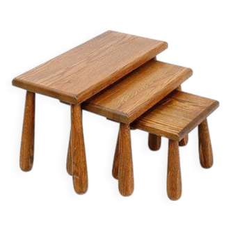 Brutalist Nesting Tables in Oak - Set of 3 - 1960s