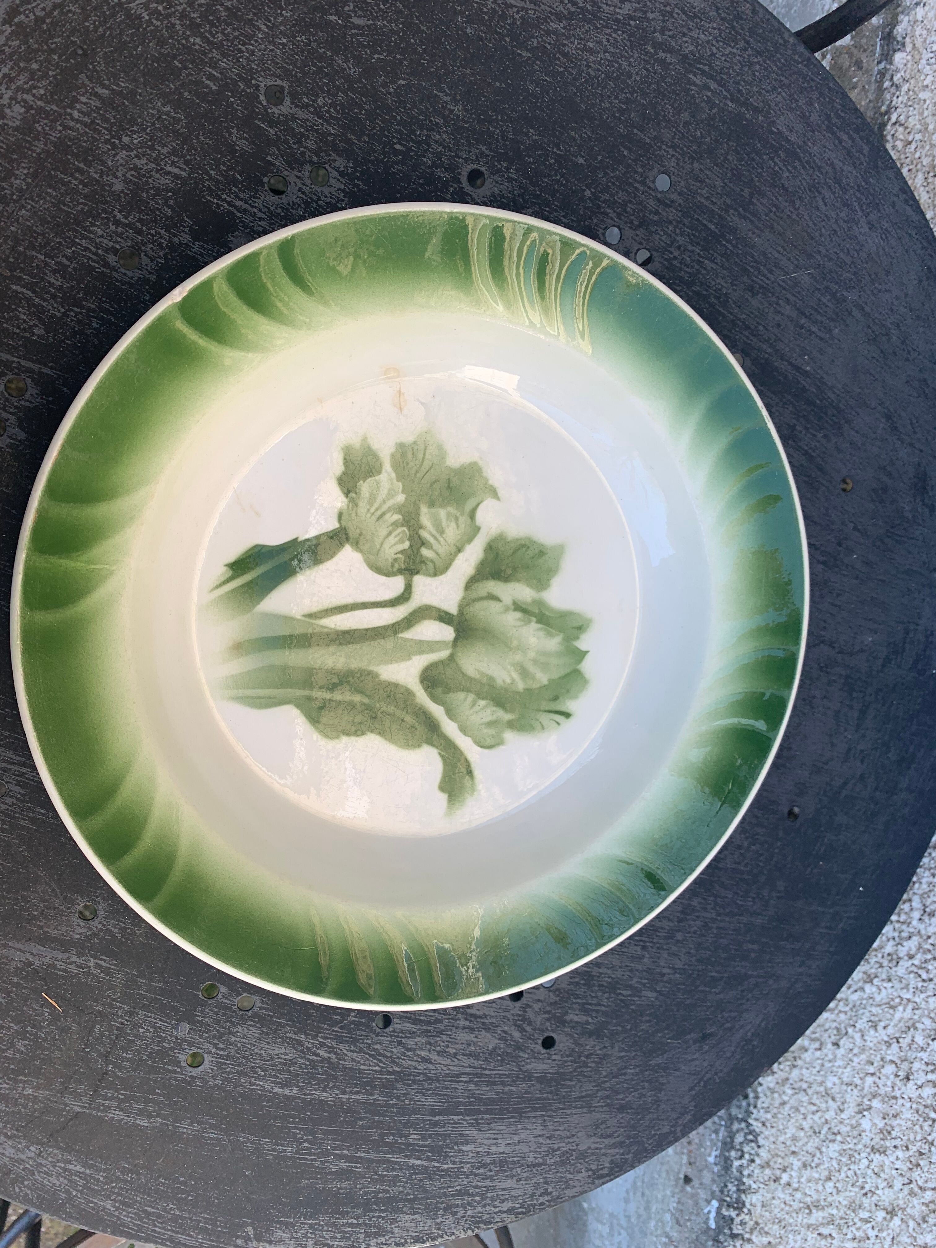 Hollow dish pattern green tulips longwy france old