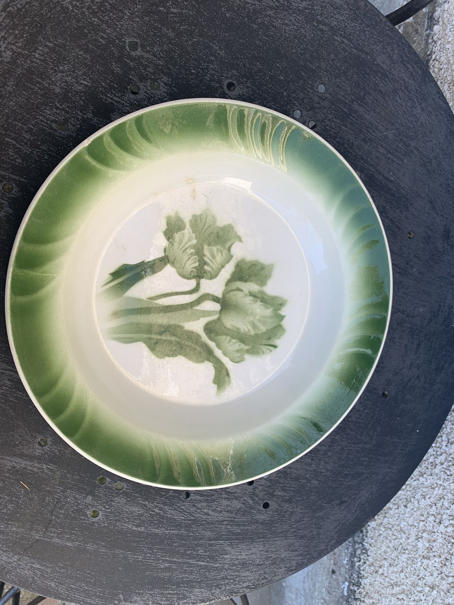 Hollow dish pattern green tulips longwy france old