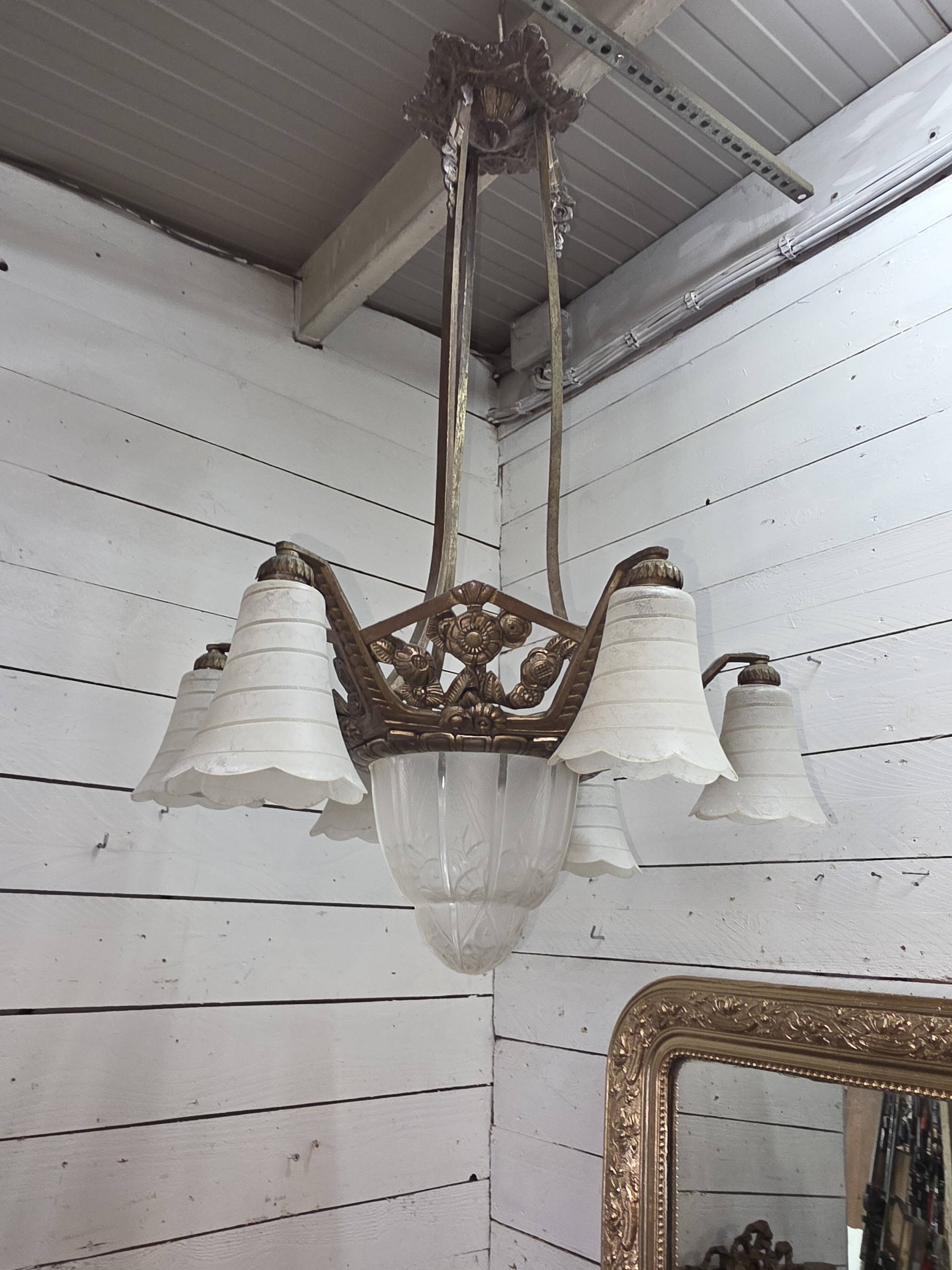 1930s Art Deco bronze chandelier