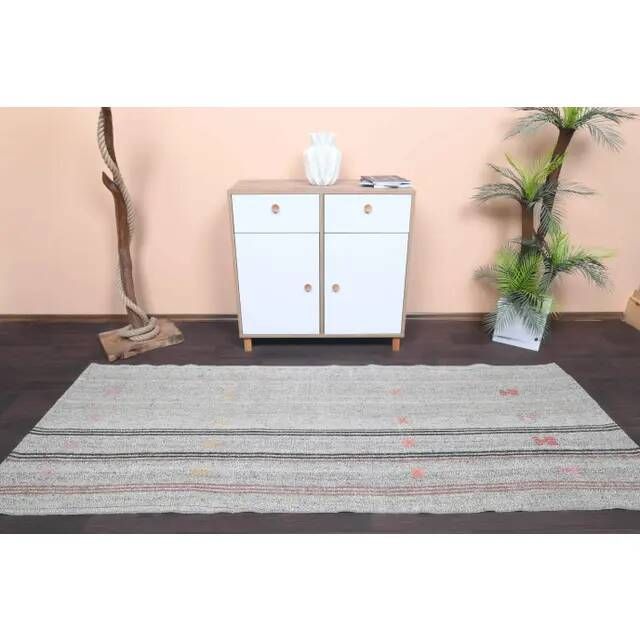Vintage Turkish Hand-Knotted Wool Cotton Gray Kilim Runner 102x266