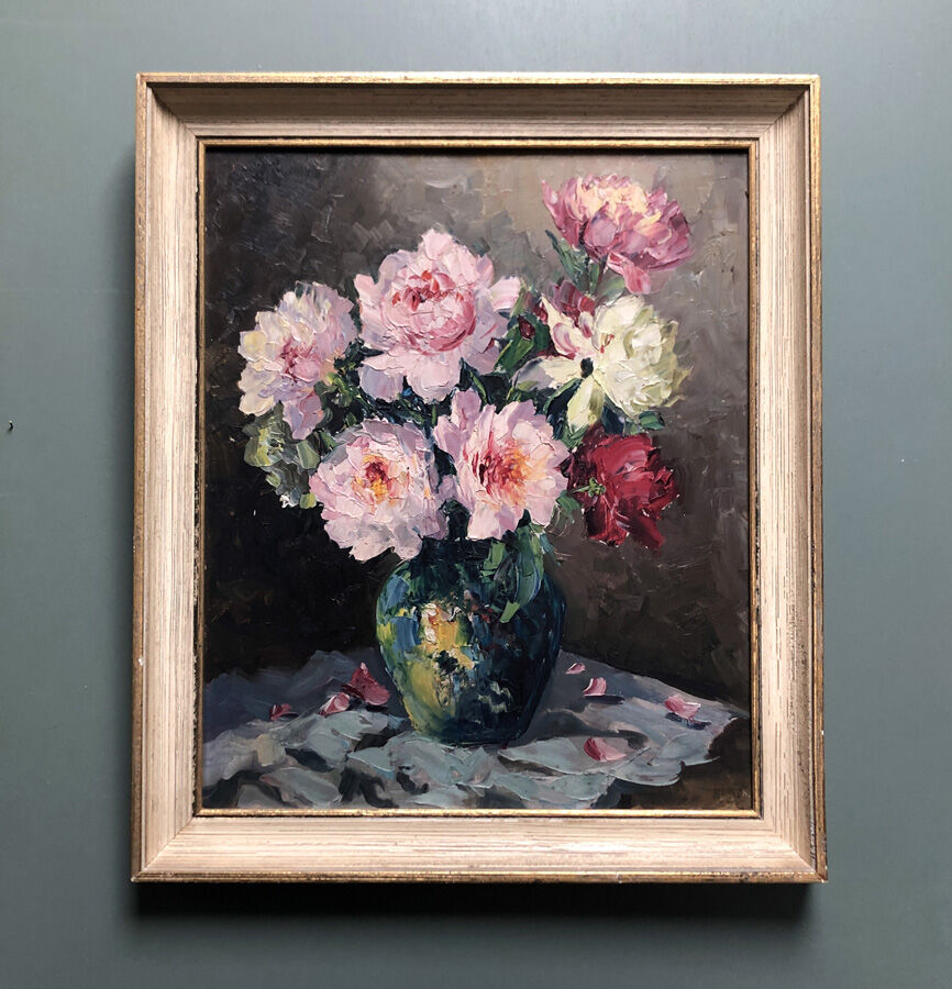 Old painting "Peonies" signed H.Dow