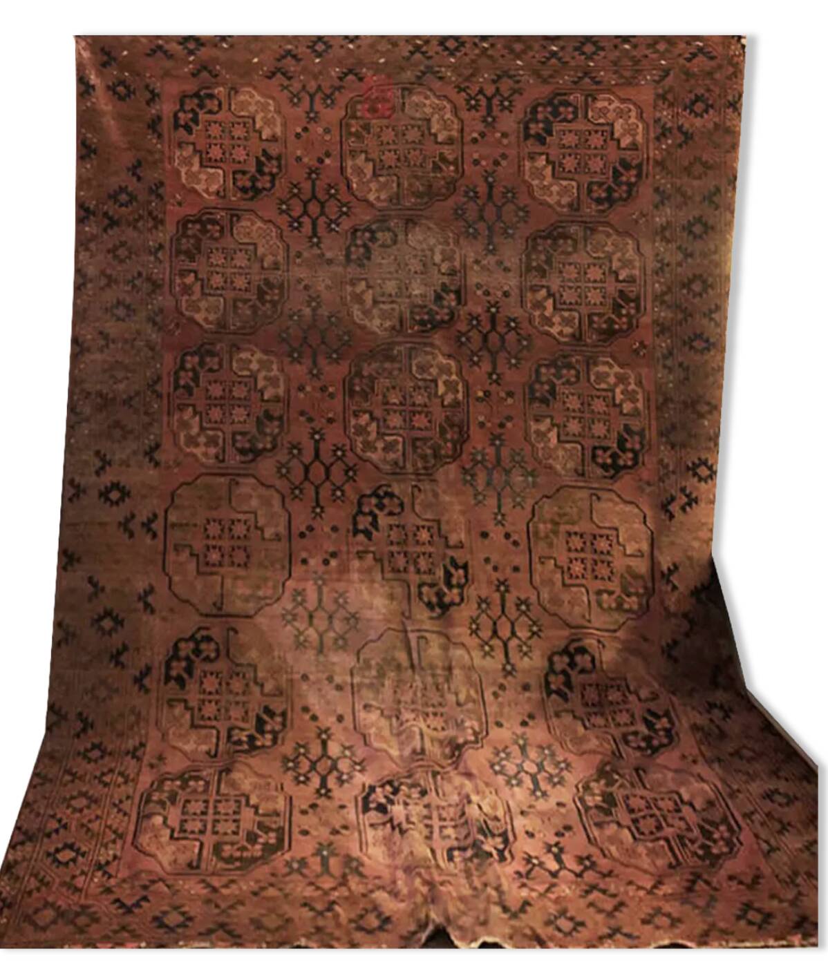 Antique Afghan/Turkmen wool rug, gul patterns, red and brown tones.