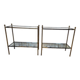 Pair of neo classic side tables in brass and oxidized mirror