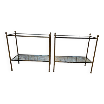 Pair of neo classic side tables in brass and oxidized mirror