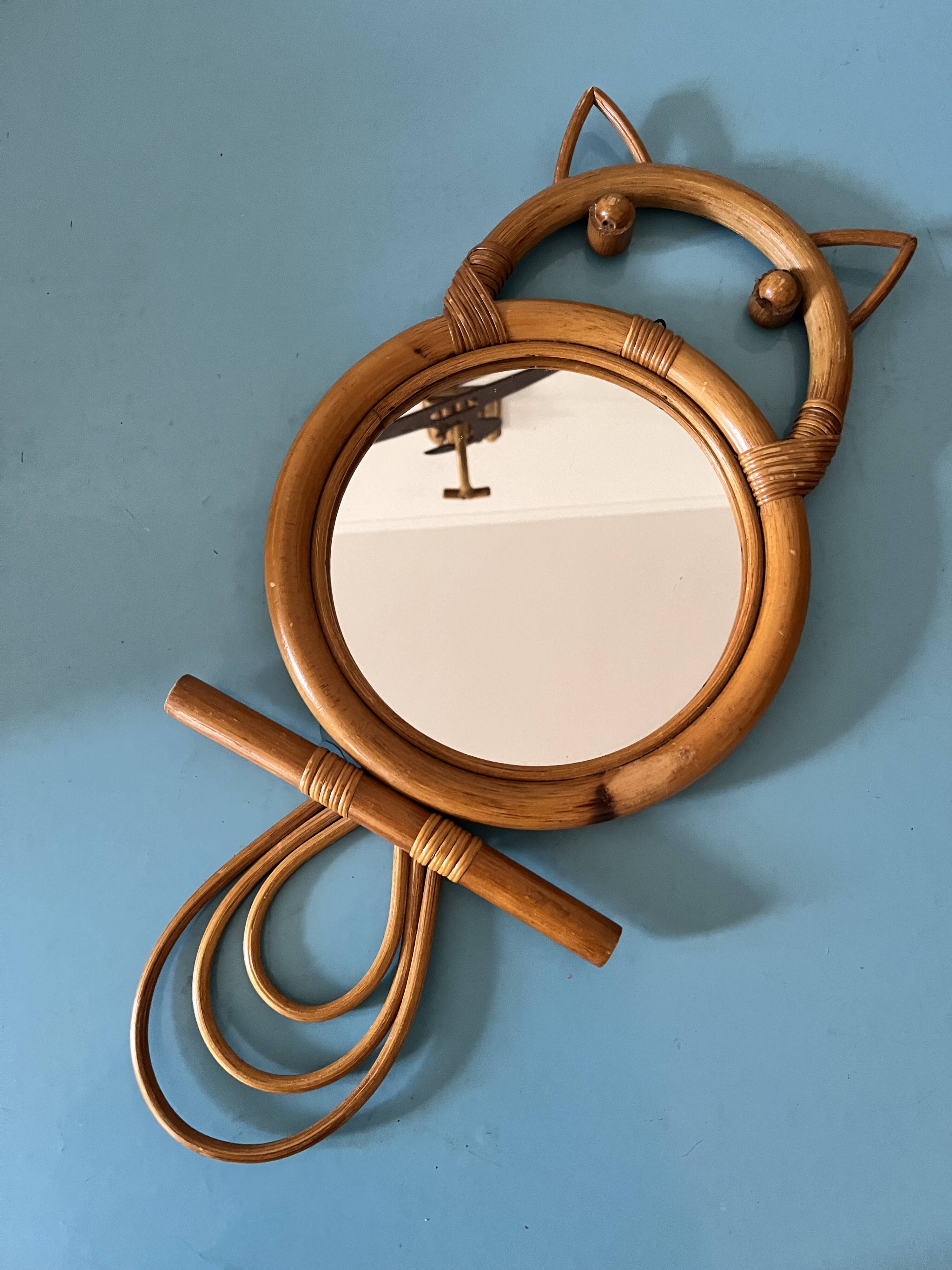 cat or owl rattan mirror from the 70s