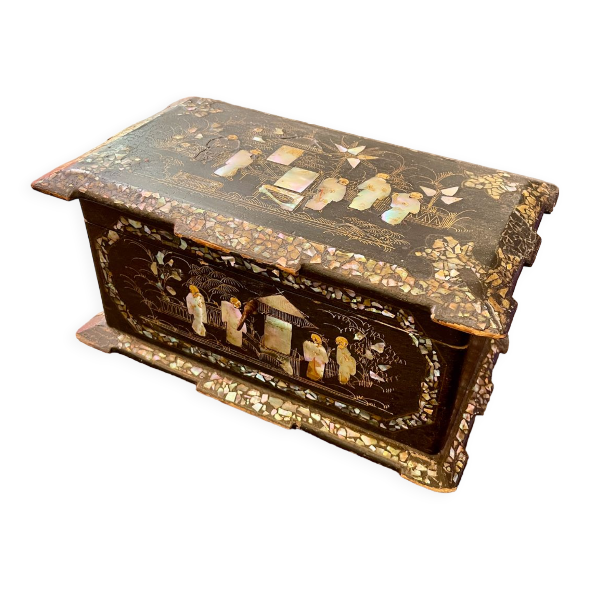 Old asian tea box box mother-of-pearl and wood xixth