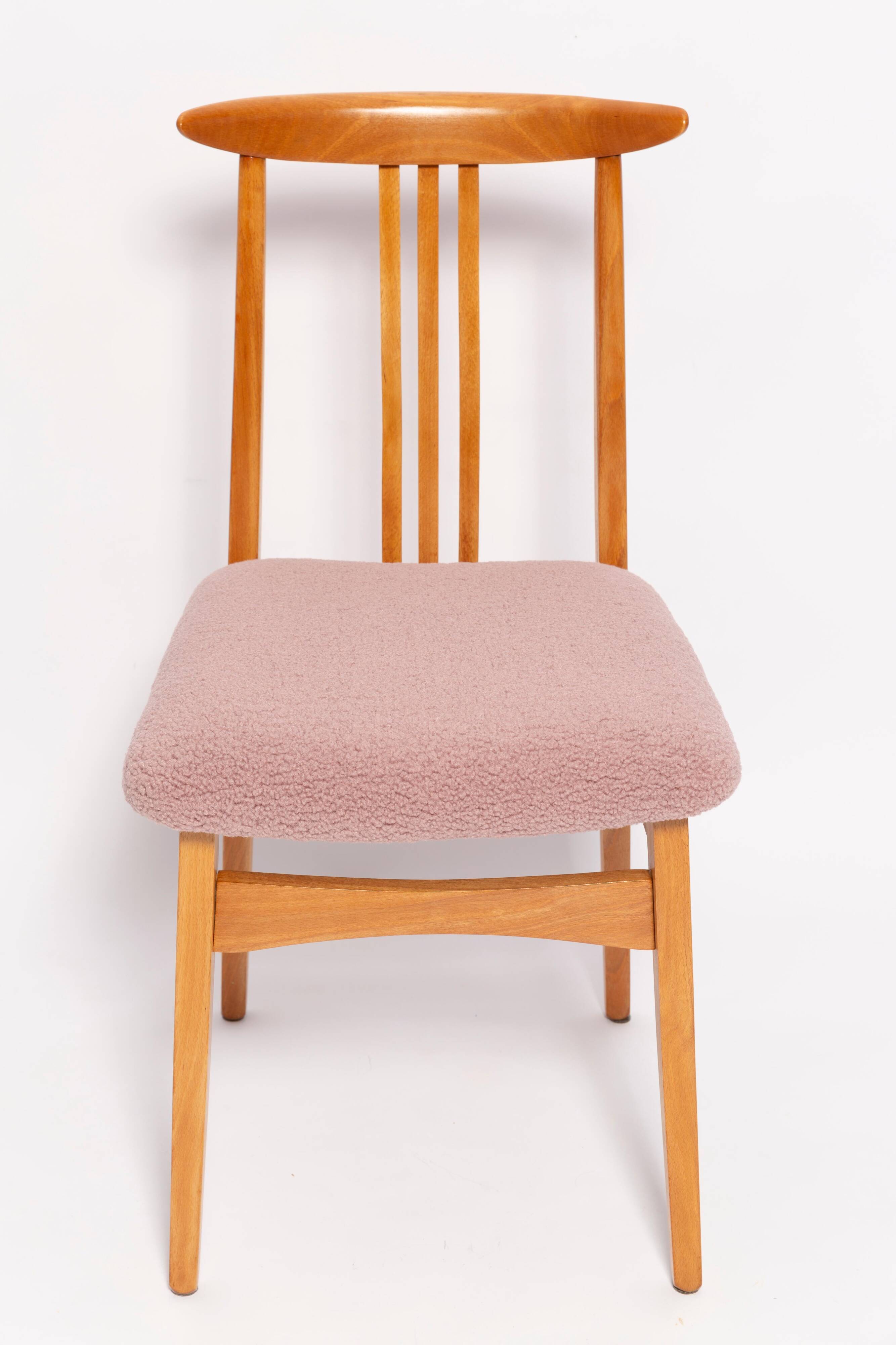 Blush pink bouclé chair mid-century in light wood by M. Zielinski, Europe, 1960s