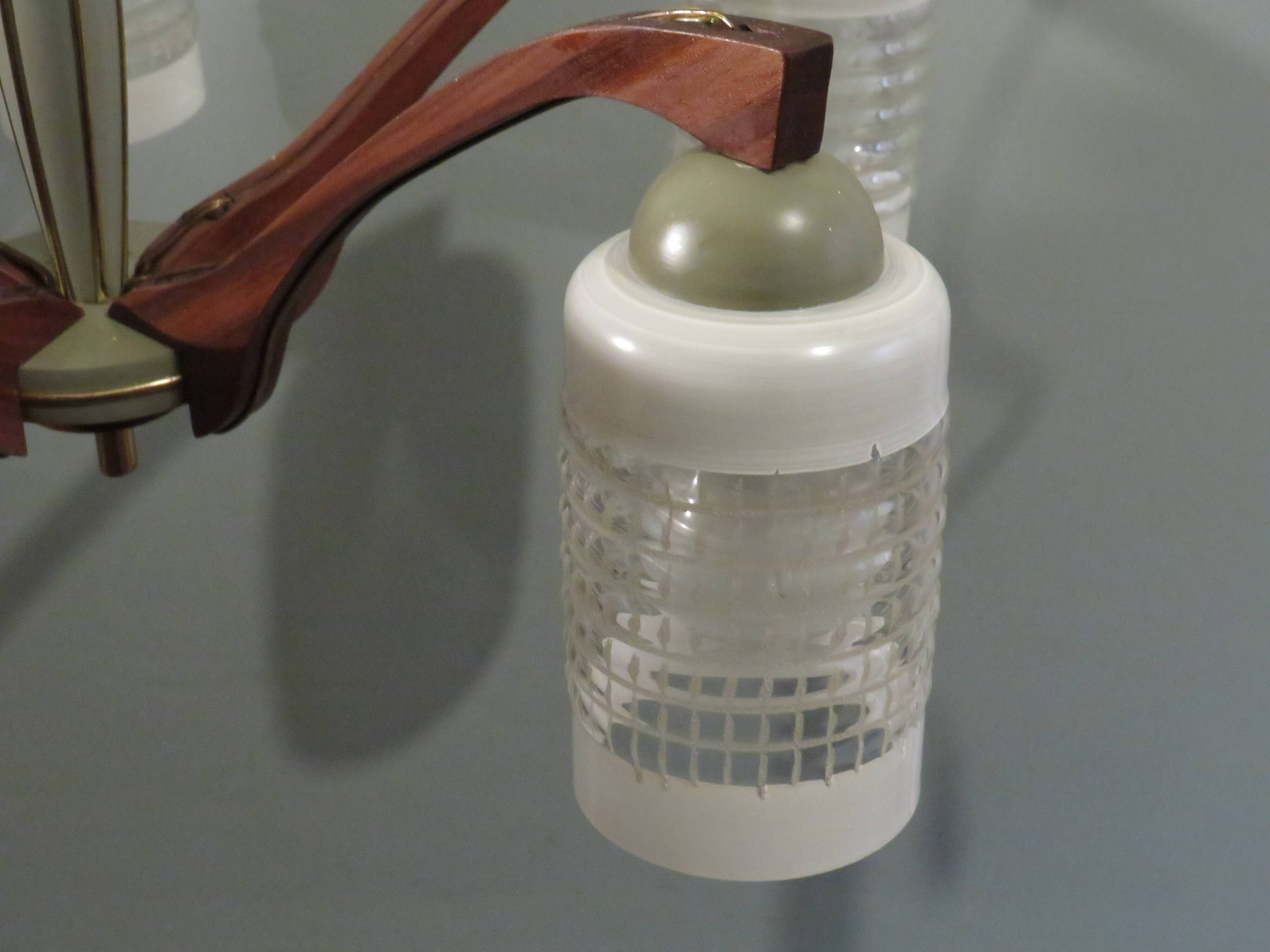 Chandelier, teak and engraved glass, 1950 Italy