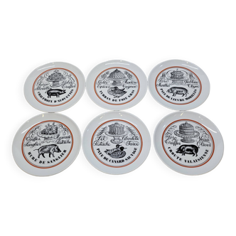 6 petites assiettes service bistrot porcelaine d'auteuil lobjoy pâté charcuterie