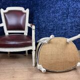 Pair of Louis XVI cabriolet armchairs in lacquered wood and leather circa 1850