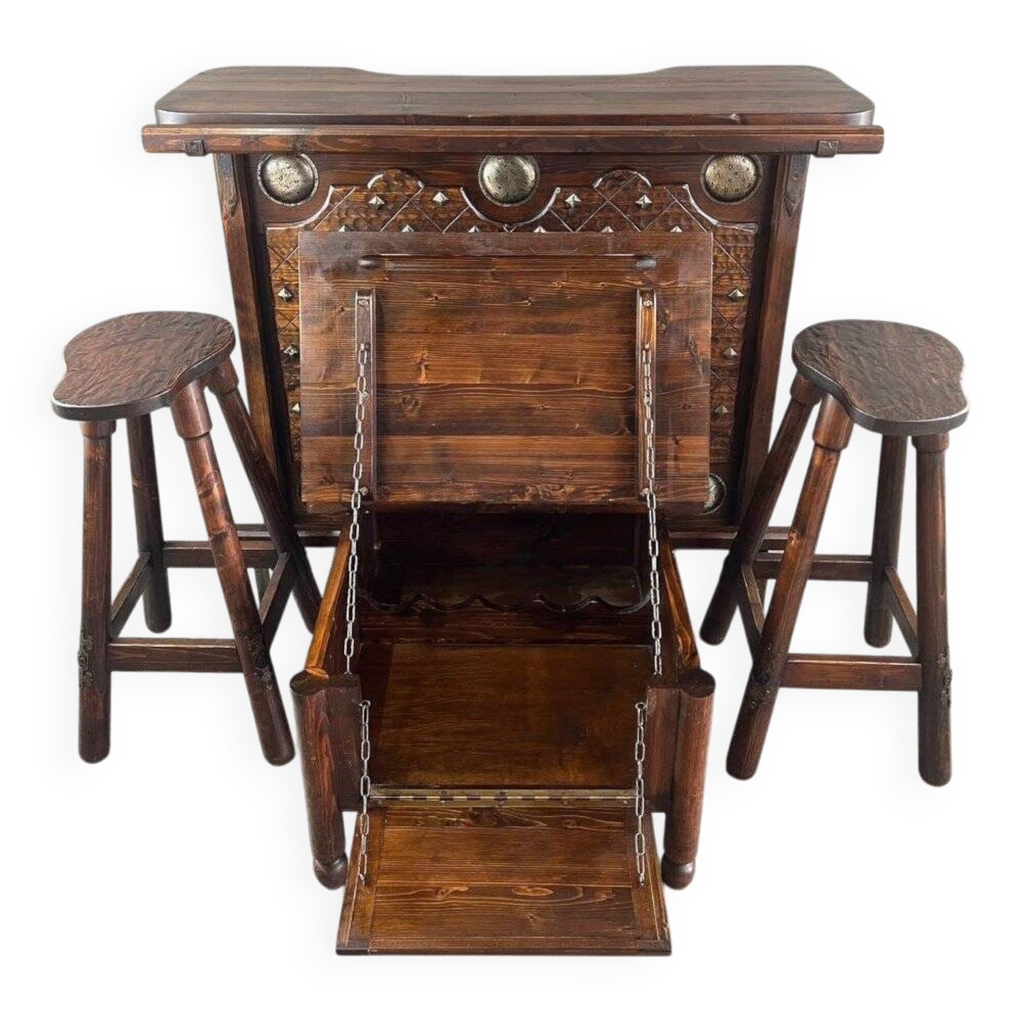 Rustic Carved Wooden Bar with Stools and Wine Chest, 20th Century