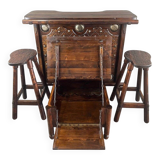 Rustic Carved Wooden Bar with Stools and Wine Chest, 20th Century