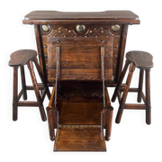 Rustic Carved Wooden Bar with Stools and Wine Chest, 20th Century