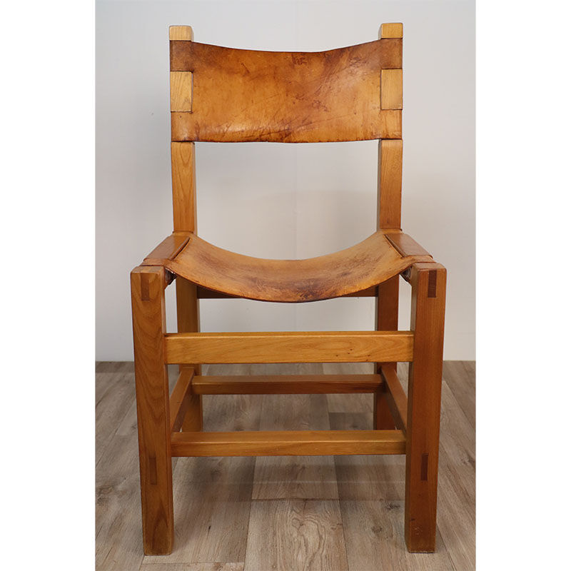 Chaise vintage Maison Regain en orme et cuir 1970