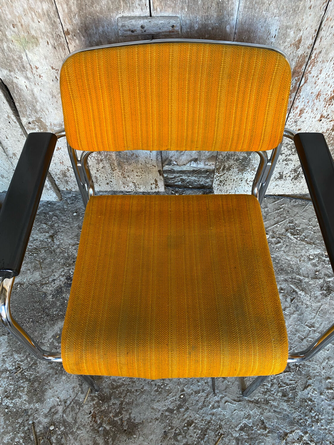 Pair of Vintage 1970s Chrome Metal Armchairs with Orange Fabric and Wood