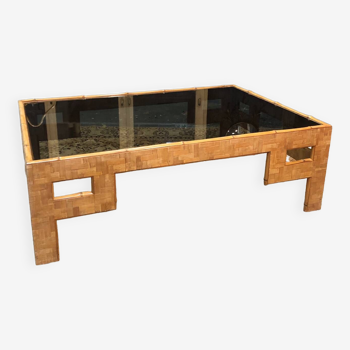 Designer coffee table, 70s, bamboo marquetry and smoked glass