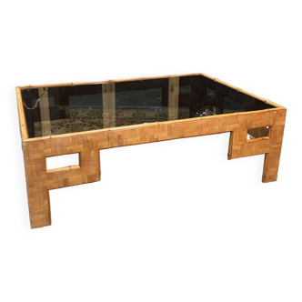 Designer coffee table, 70s, bamboo marquetry and smoked glass