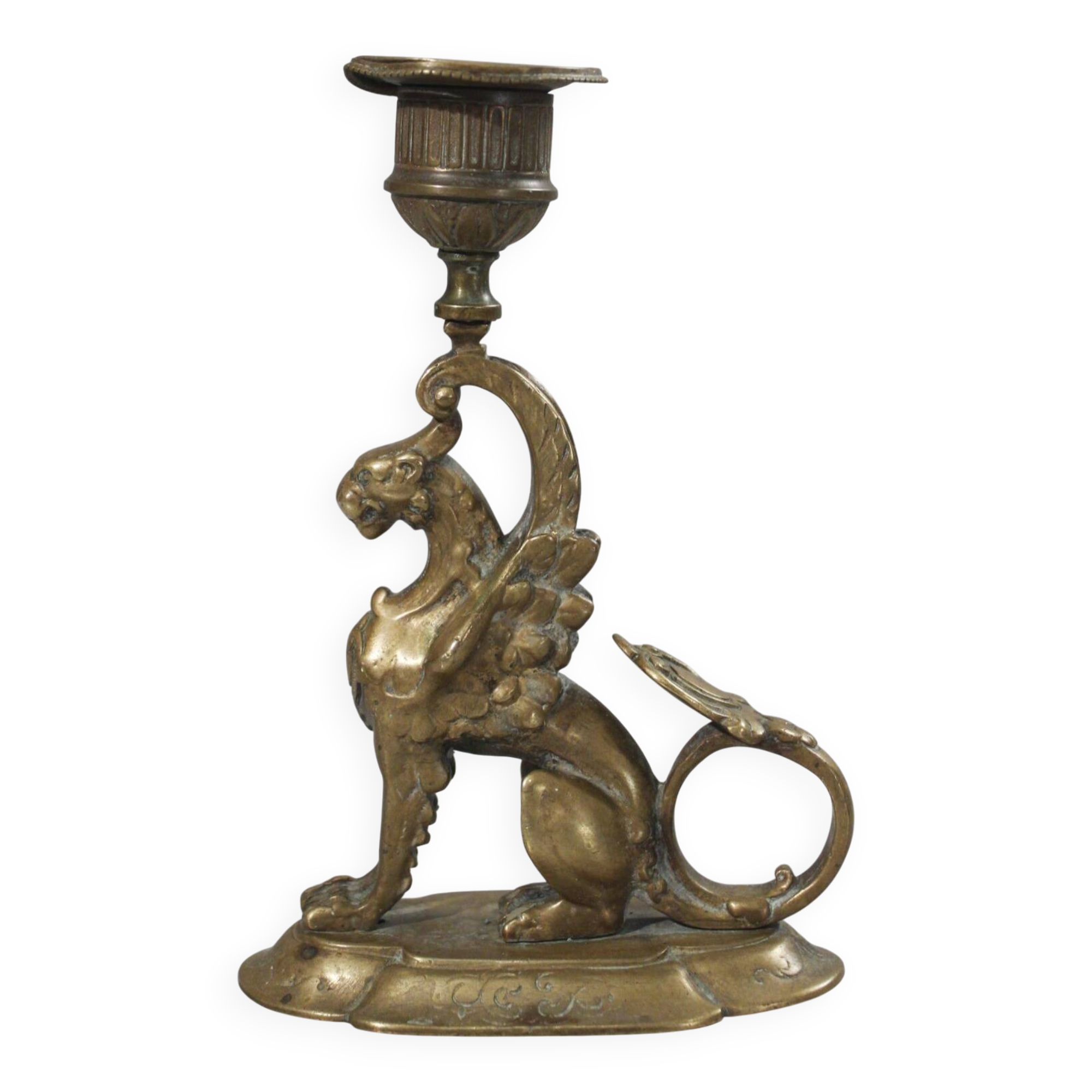 Handheld candlestick in bronze featuring a griffin, 19th-century Empire style.