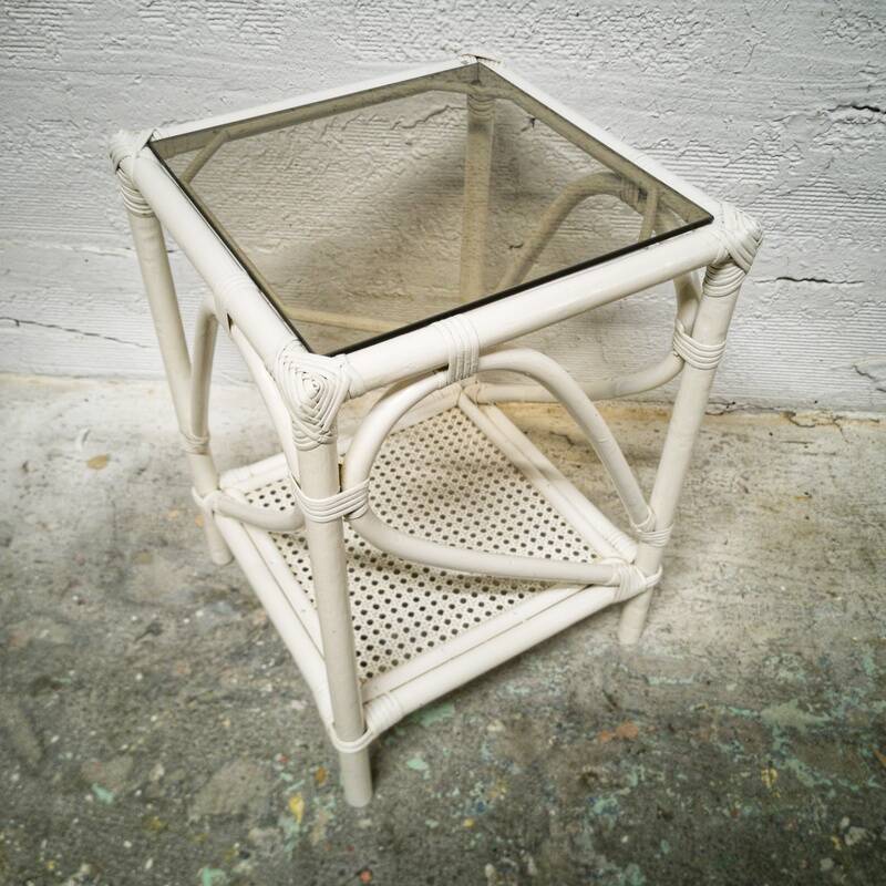 Side table in white rattan and smoked glass