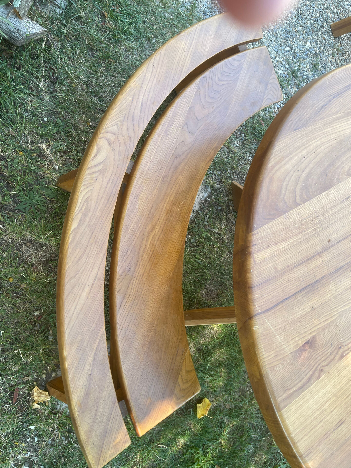 Round table + 2 chairs and 2 rounded benches suitable for the table.
