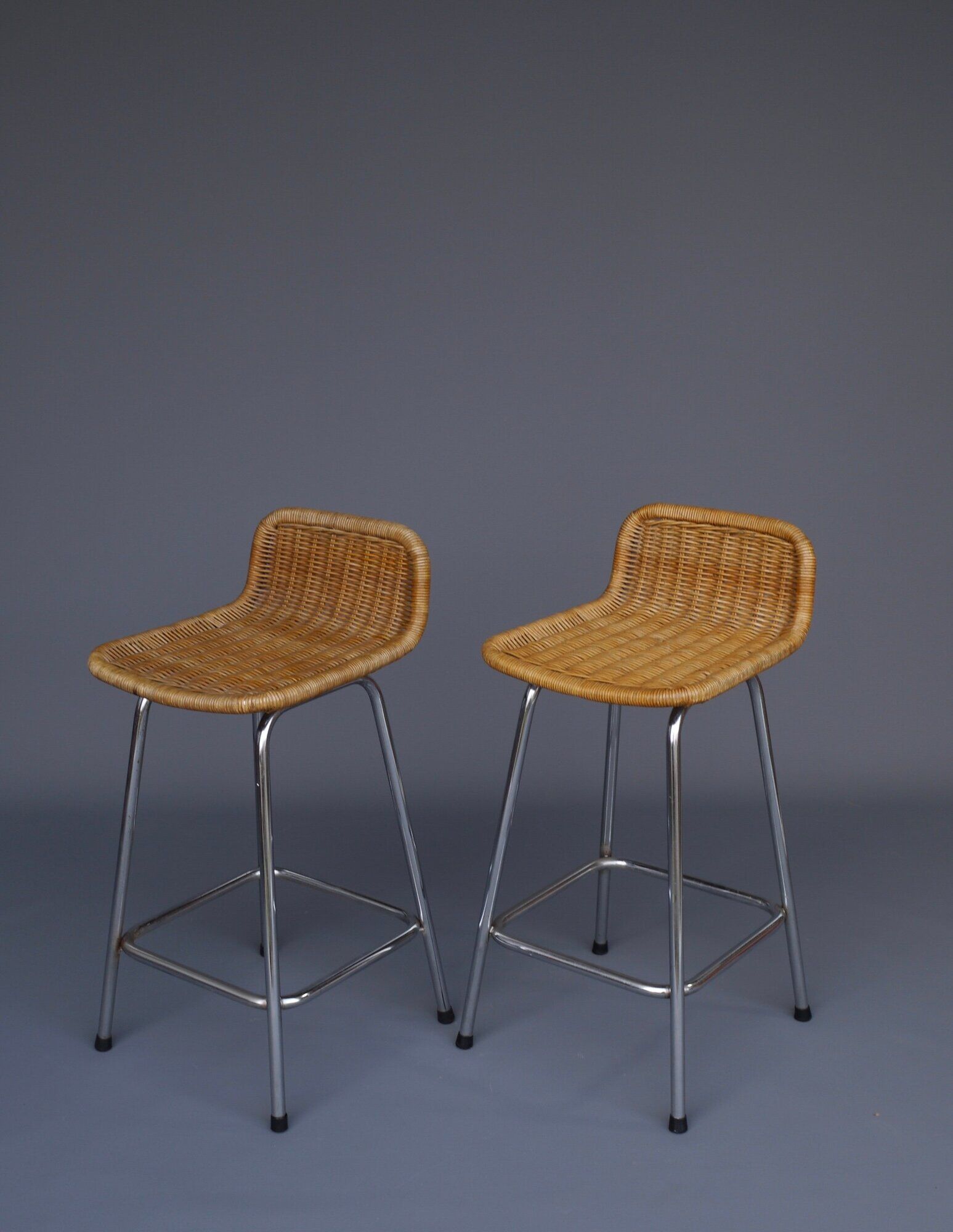 Chromed steel and rattan bar stools from Rohé Noordwolde, 1960s, Set of 2