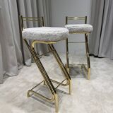 Mid-Century Modern Z Frame Bar Stools in Gold and Natural Shearling - Pair