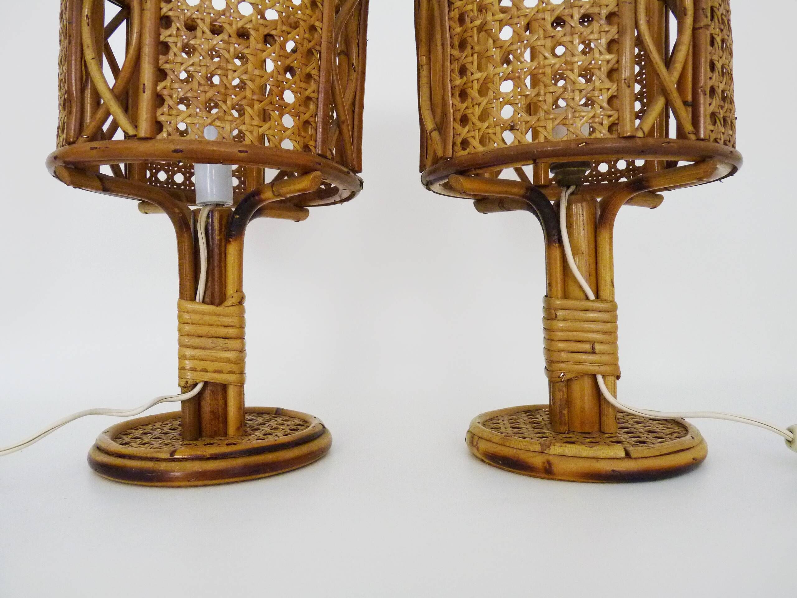 Pair of bamboo rattan cane lamps. Italy, 1950s and 1960s.