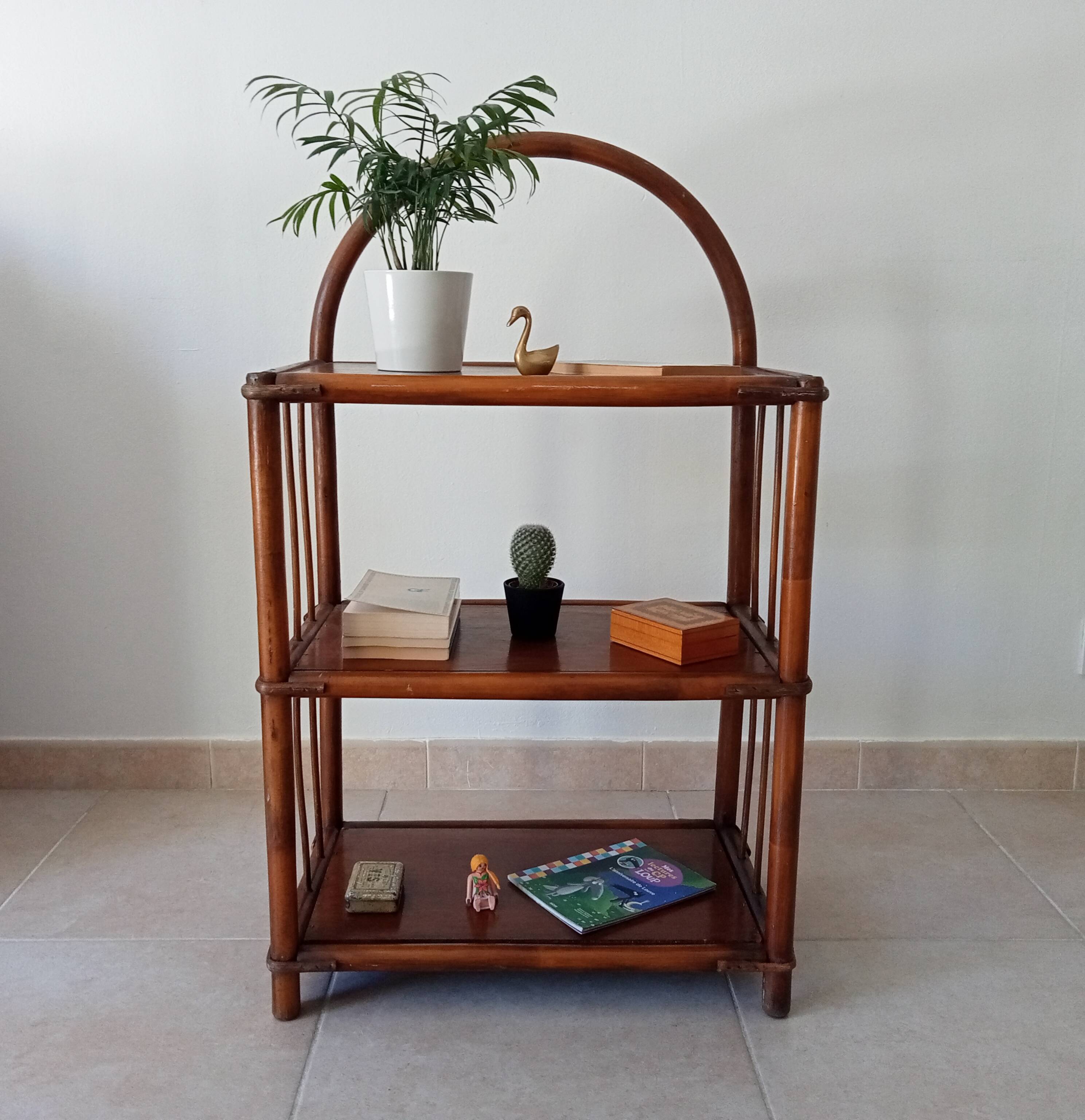 Vintage bamboo and rattan standing shelf