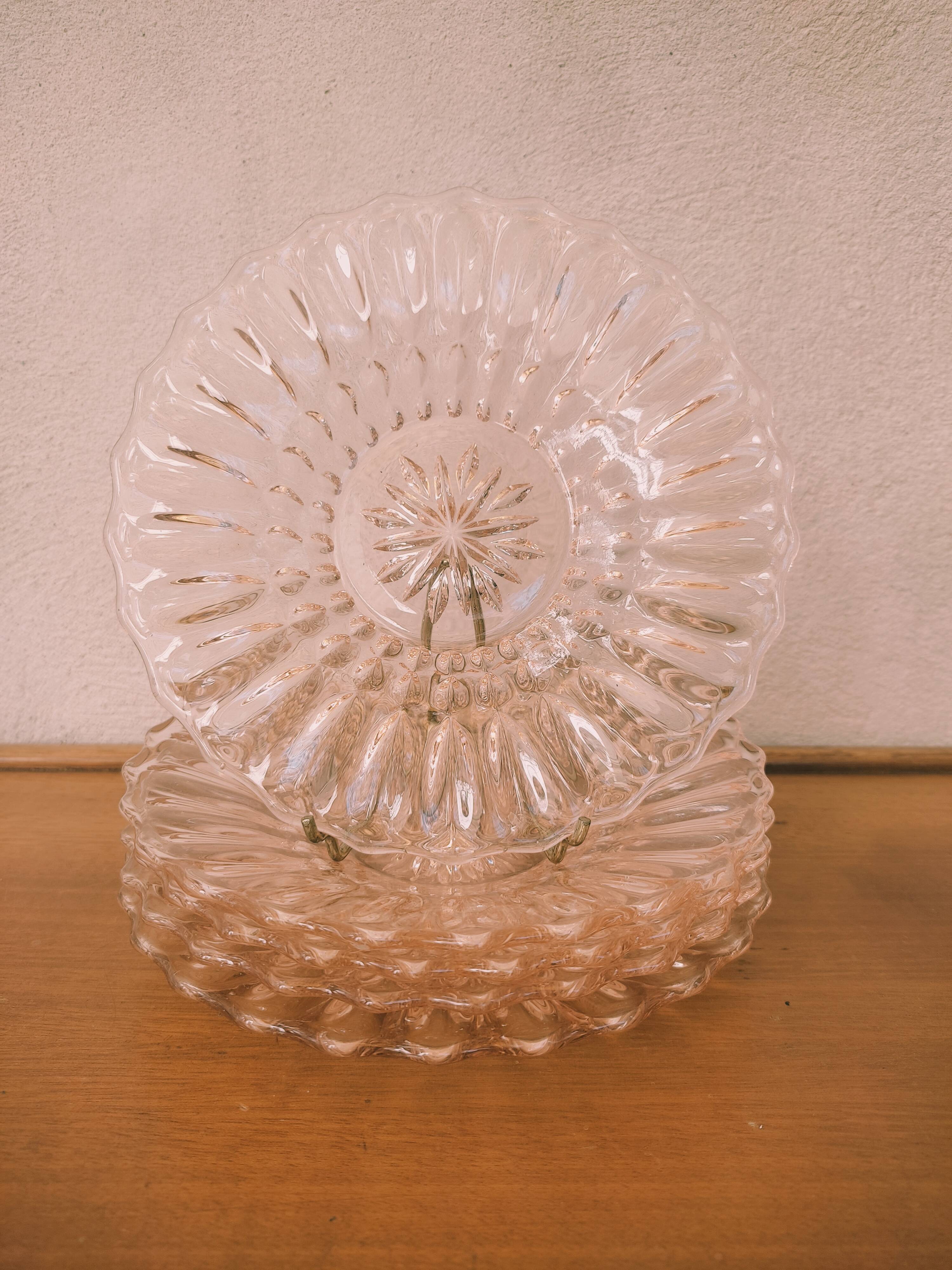 5 pink glass dessert plates