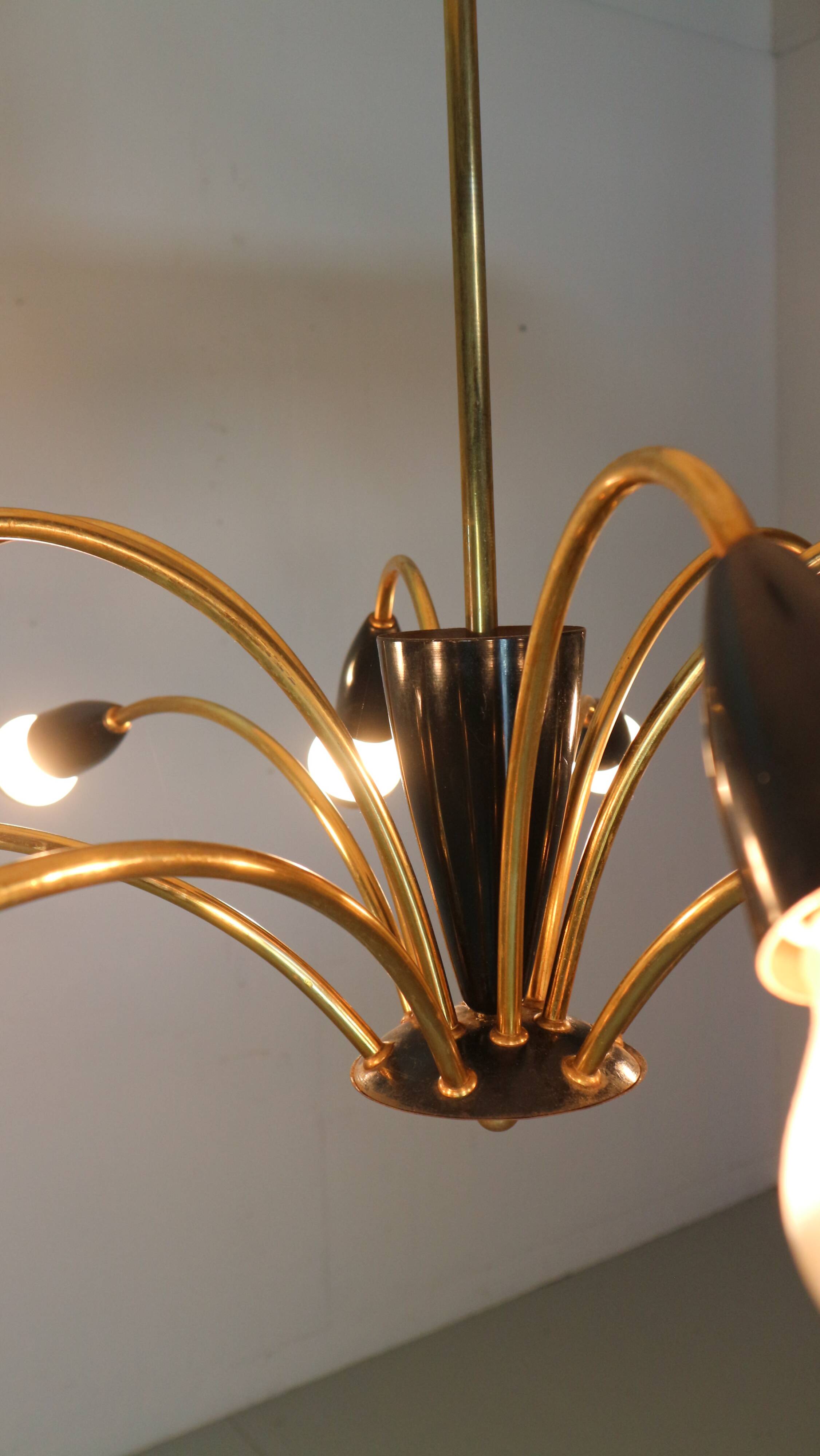Italian Black and brass 12 arm Spider Chandelier  1950s