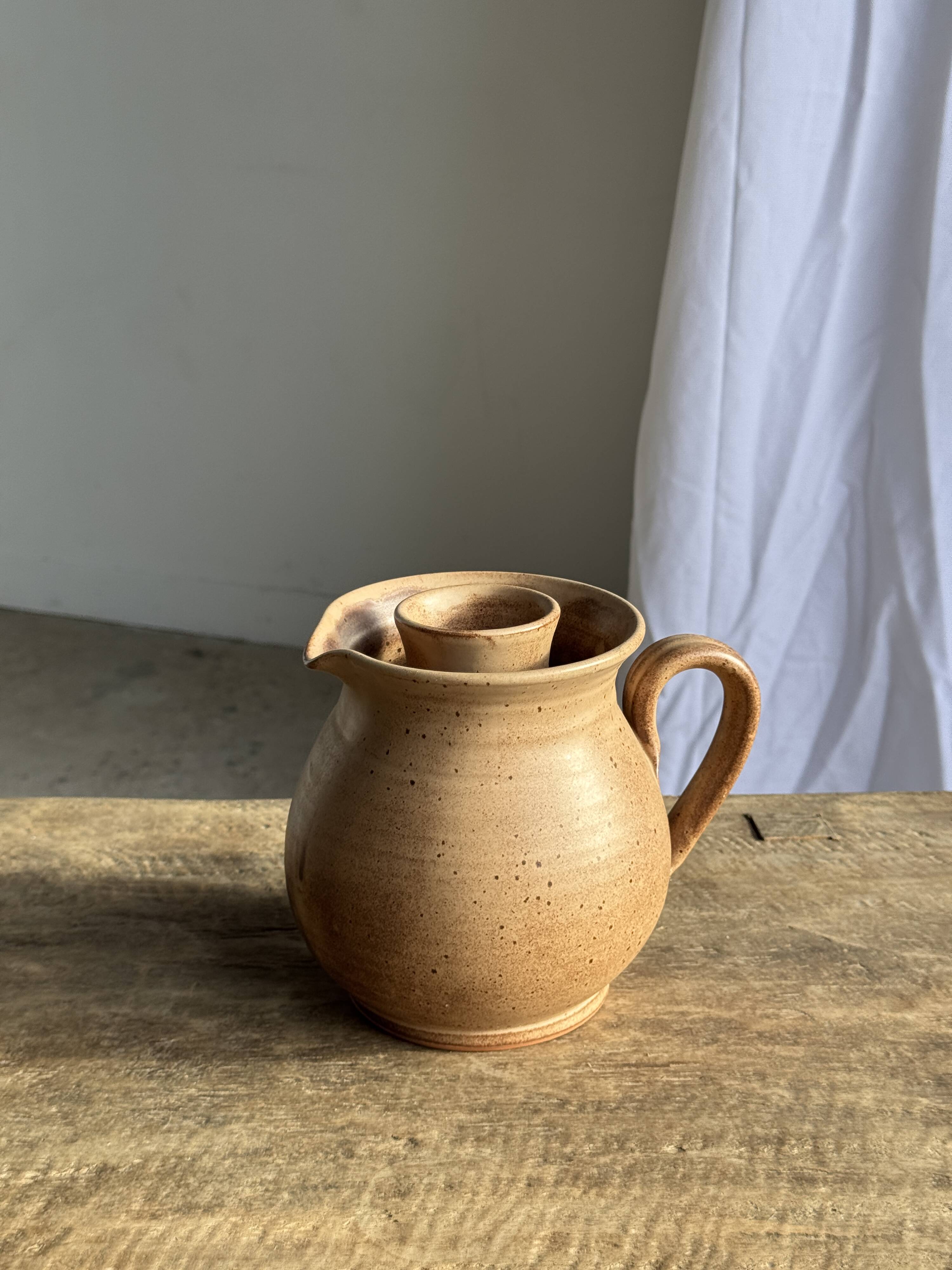 Vintage brutalist stoneware pink wine cooler pitcher H19