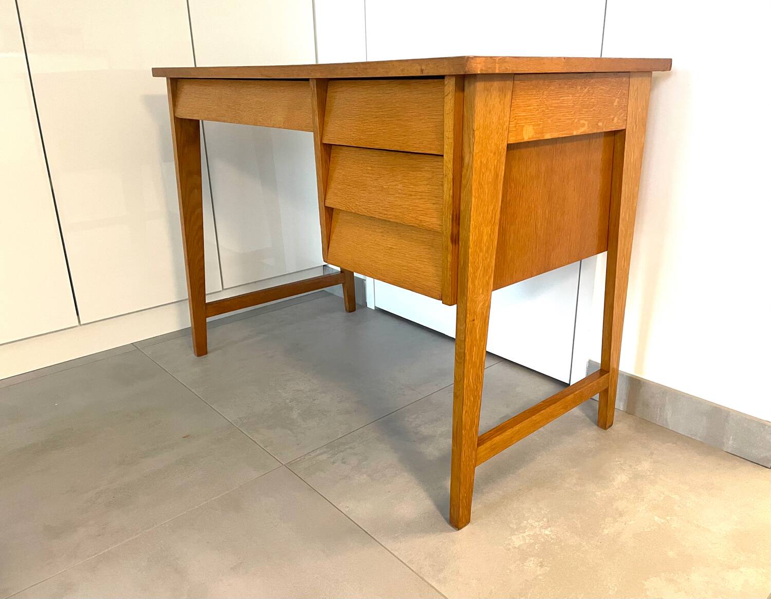 1950s modernist oak desk with compass legs