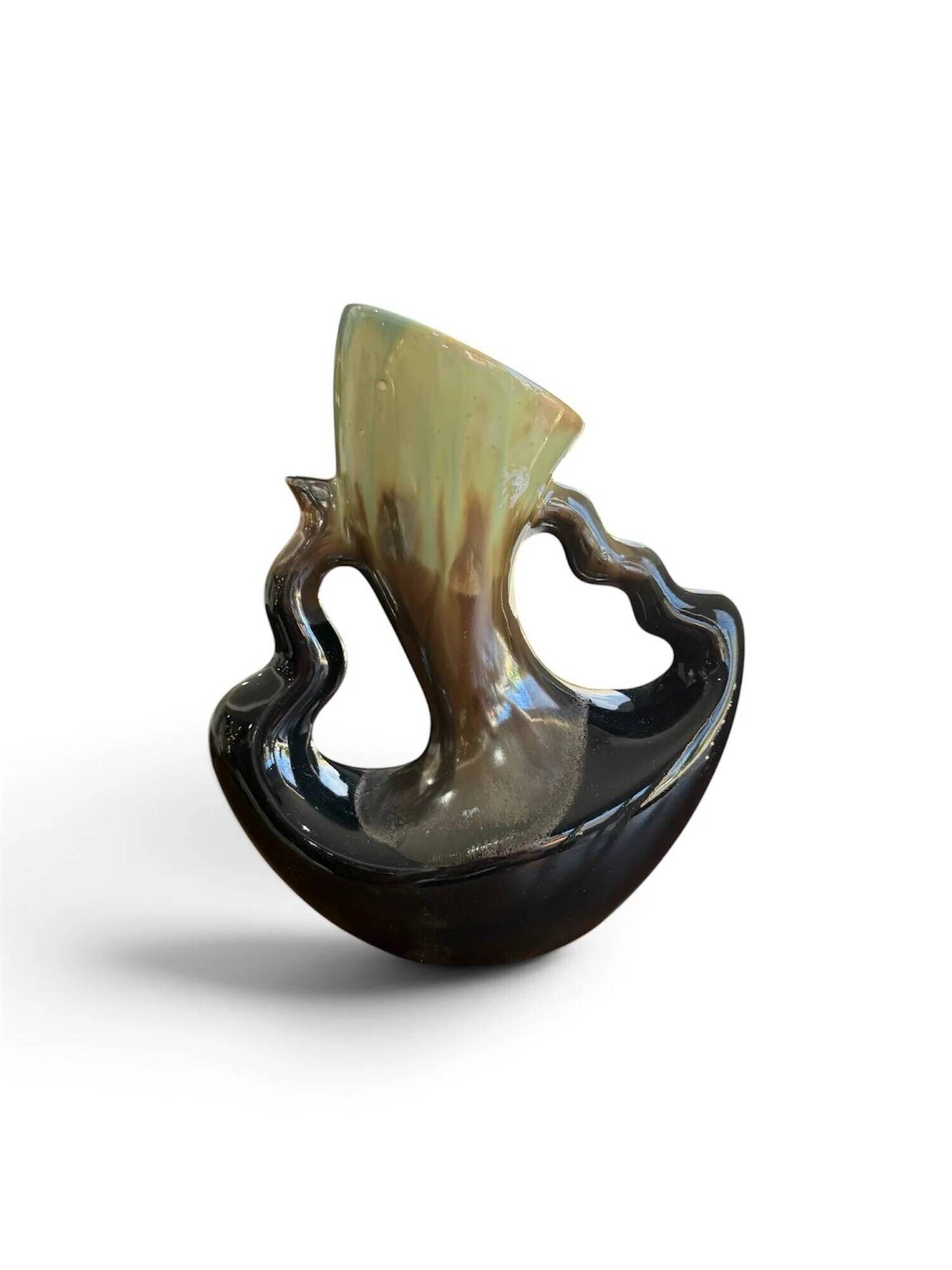 Vintage ceramic vase sculpture with openwork handles – Flamed green & black glaze (c. 1950–1960, Numbered 343)