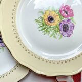 6 vintage porcelain dinner plates with white and golden yellow floral pattern L'Amandinoise "Coopélia" - Vintage floral tableware