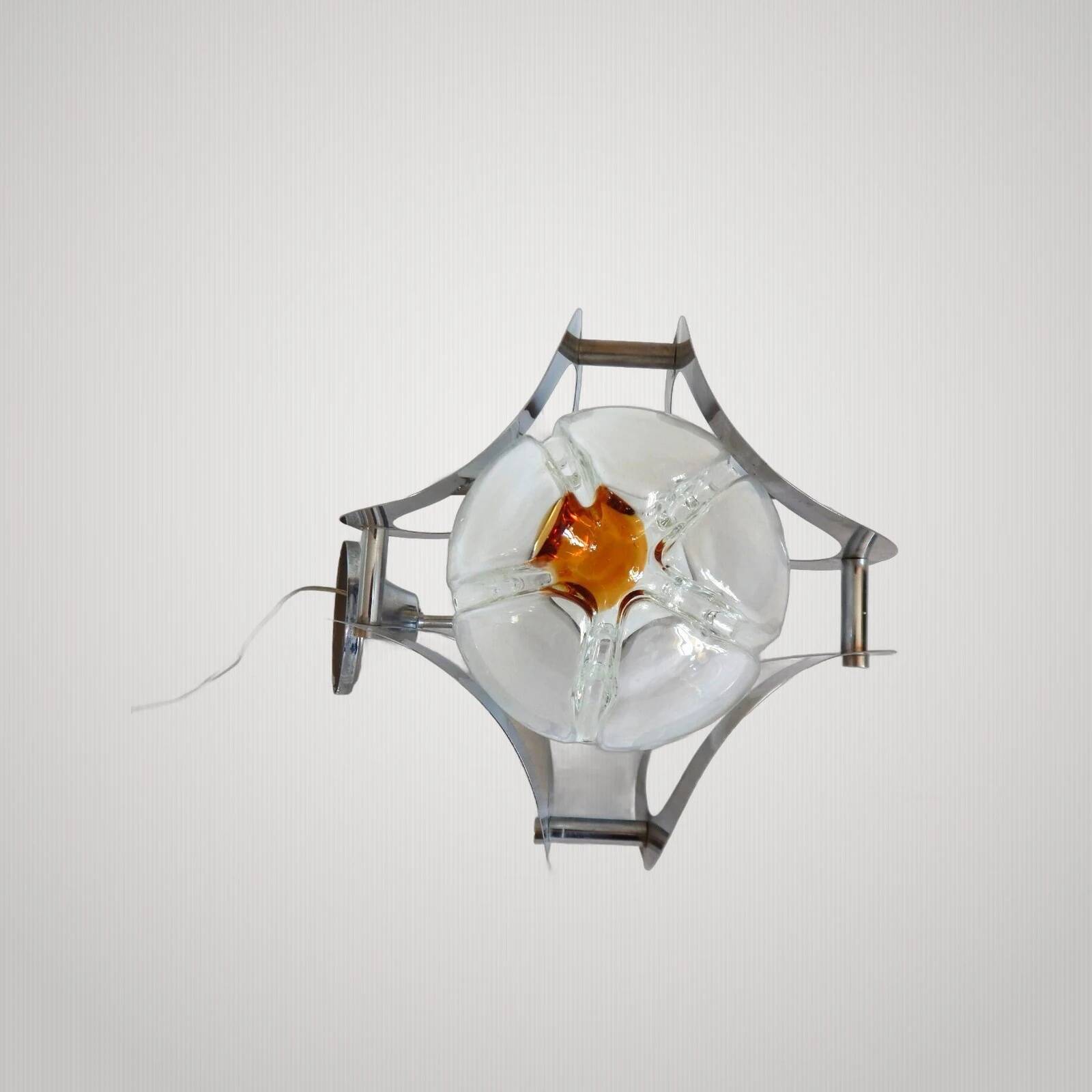 ANTIQUE CHANDELIER MAZZEGA Murano Opalescent Glass and Chrome Metal Pendant Light
