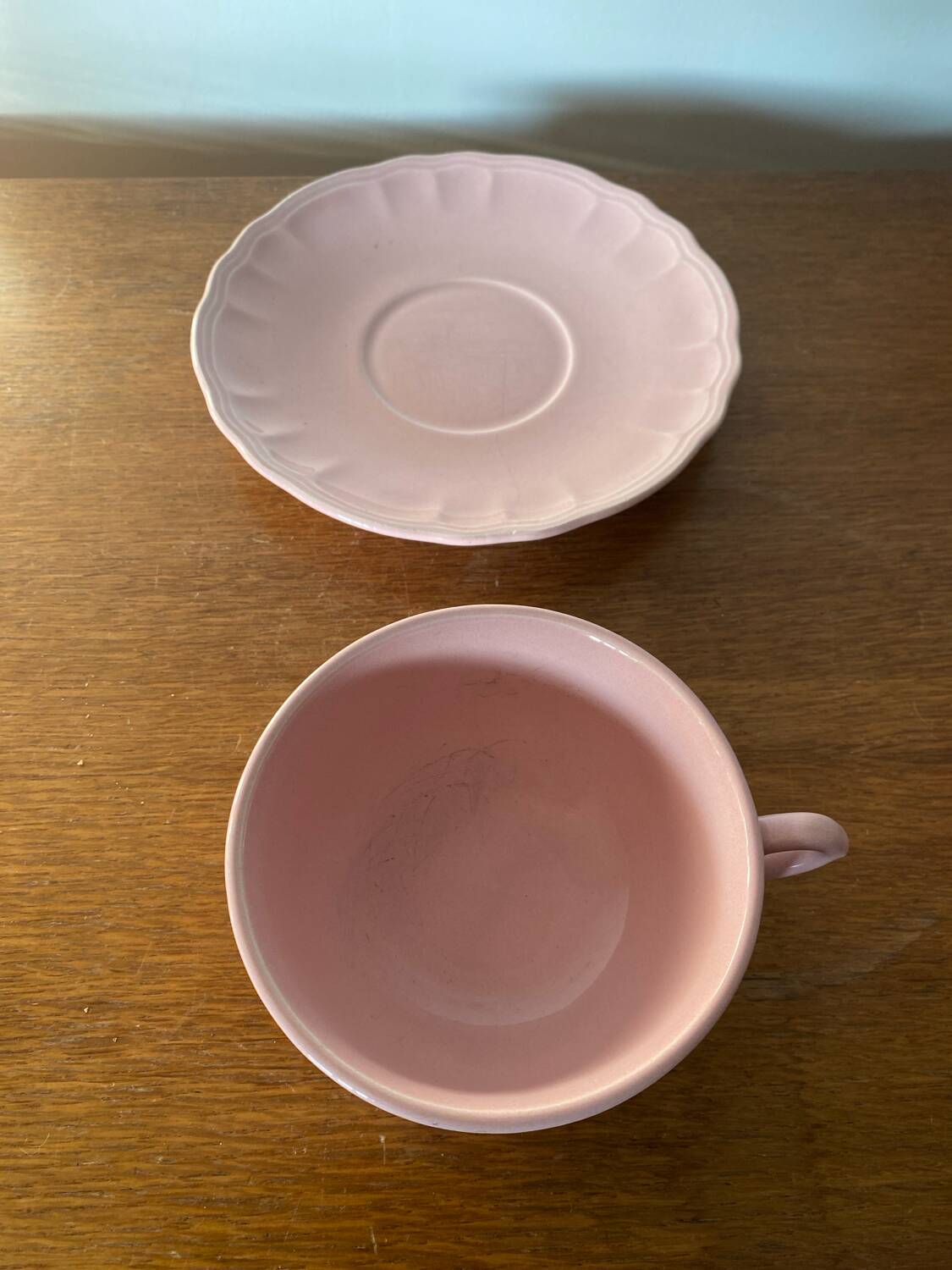 Antique salins les bains cup + saucer pink ceramic france vintage