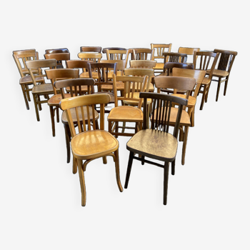 30 mismatched bistro chairs French restaurant curved wood 60s