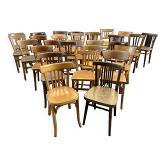 30 mismatched bistro chairs French restaurant curved wood 60s