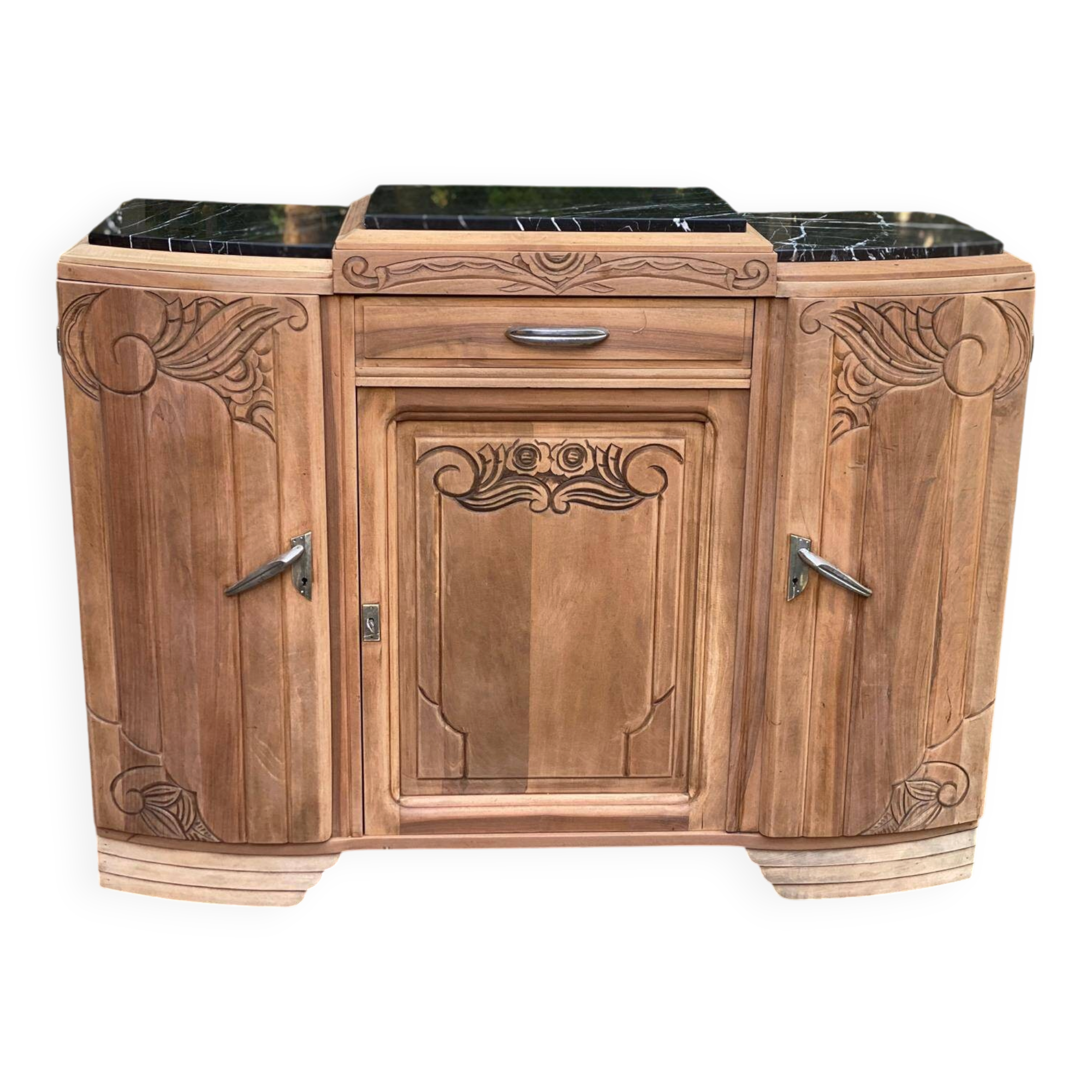Art Deco sideboard renovated in solid walnut with black marble, 1930.