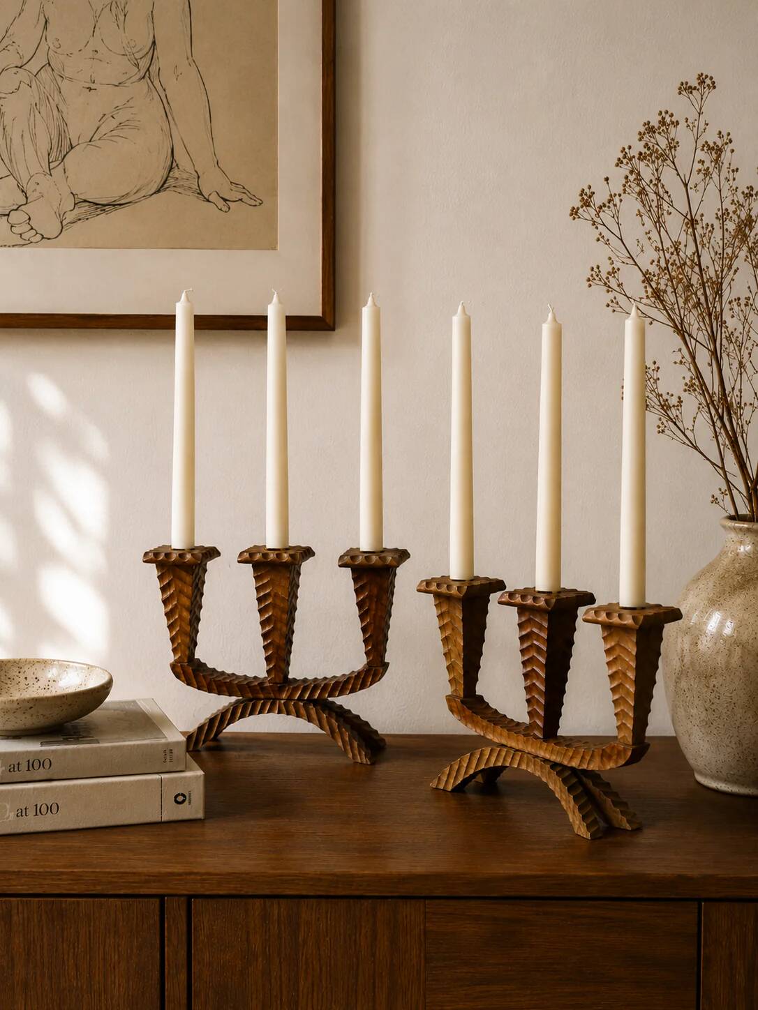 Pair of carved wooden candlesticks - 3 branches